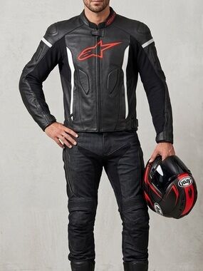 Alpinestars Black Leather Motorcycle Jacket with White Panels and Red Logo